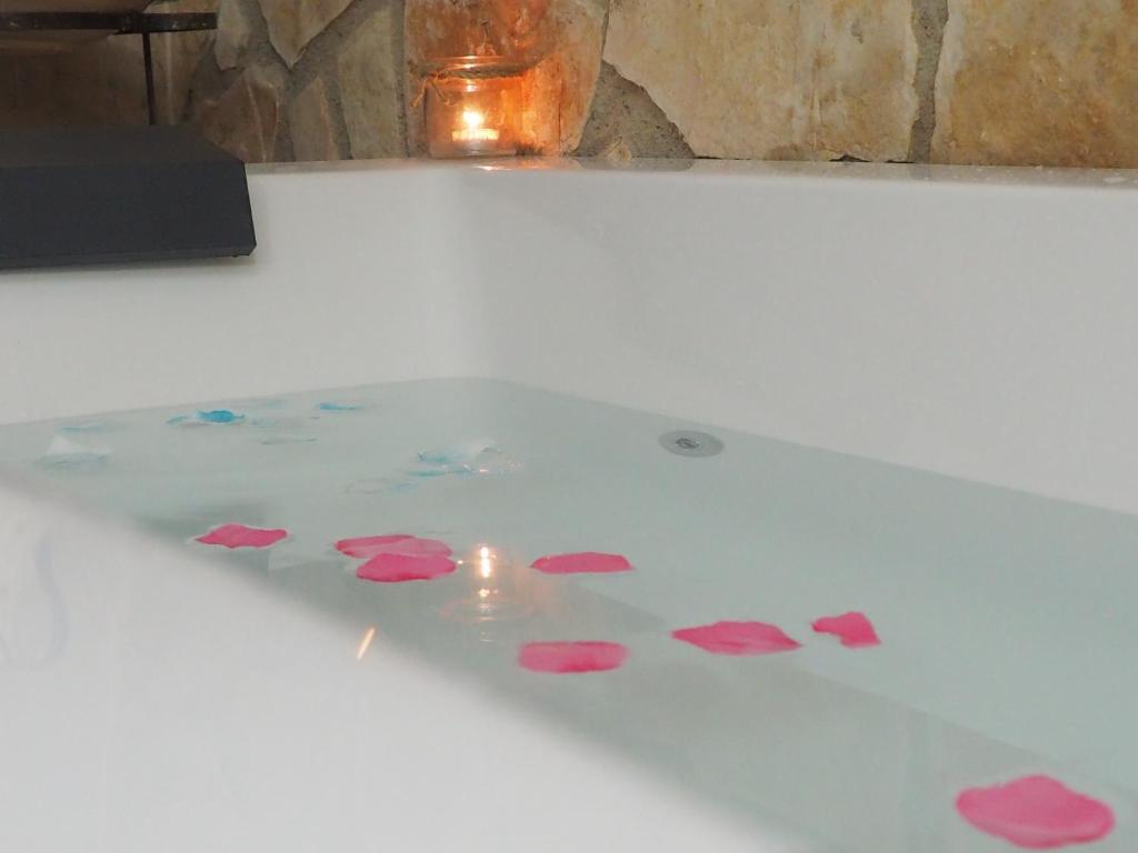 Cañada del HoyoCasa Carrasquillas的浴缸上方浮着粉红色的花瓣