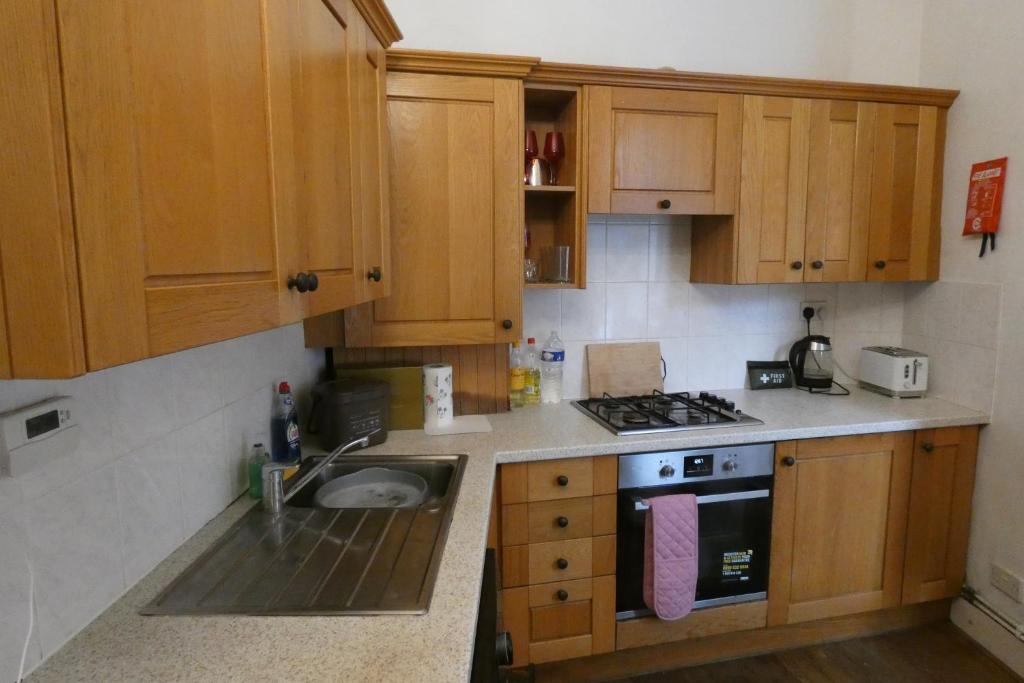 伦敦The South View的厨房配有木制橱柜、水槽和炉灶。