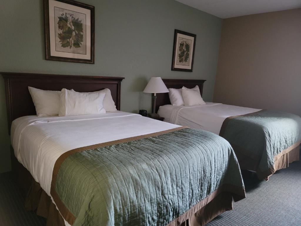 切罗基Bay Mountain Inn Cherokee Smoky Mountains的一间酒店客房,房间内设有两张床