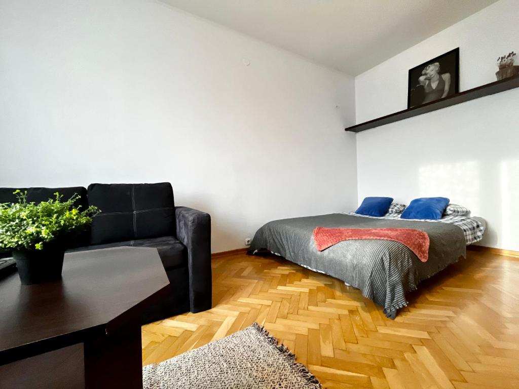 克拉科夫Old Town Apartment的客厅配有床和沙发