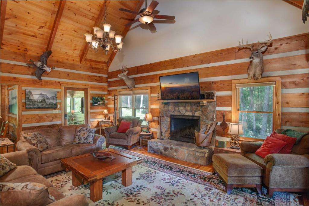 Sugar GroveBig Timber Creek Cabin的客厅配有家具和壁炉