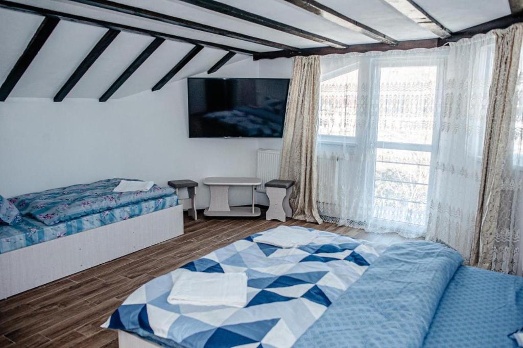 阿雷富LaBebe - Vidraru的一间卧室设有一张床和一个大窗户
