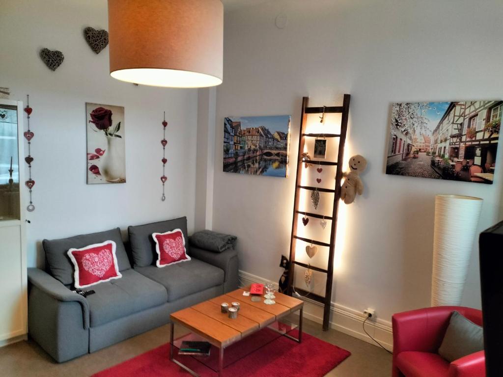 科尔马Coeur d'Elsass "RAPP"appartement avec parking的客厅配有沙发和桌子