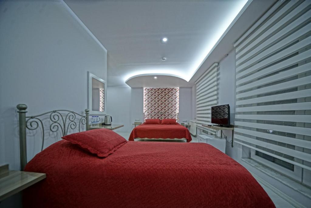 乌奇希萨尔Cappadocia Symbol Hotel的一间卧室配有红色的床和电视
