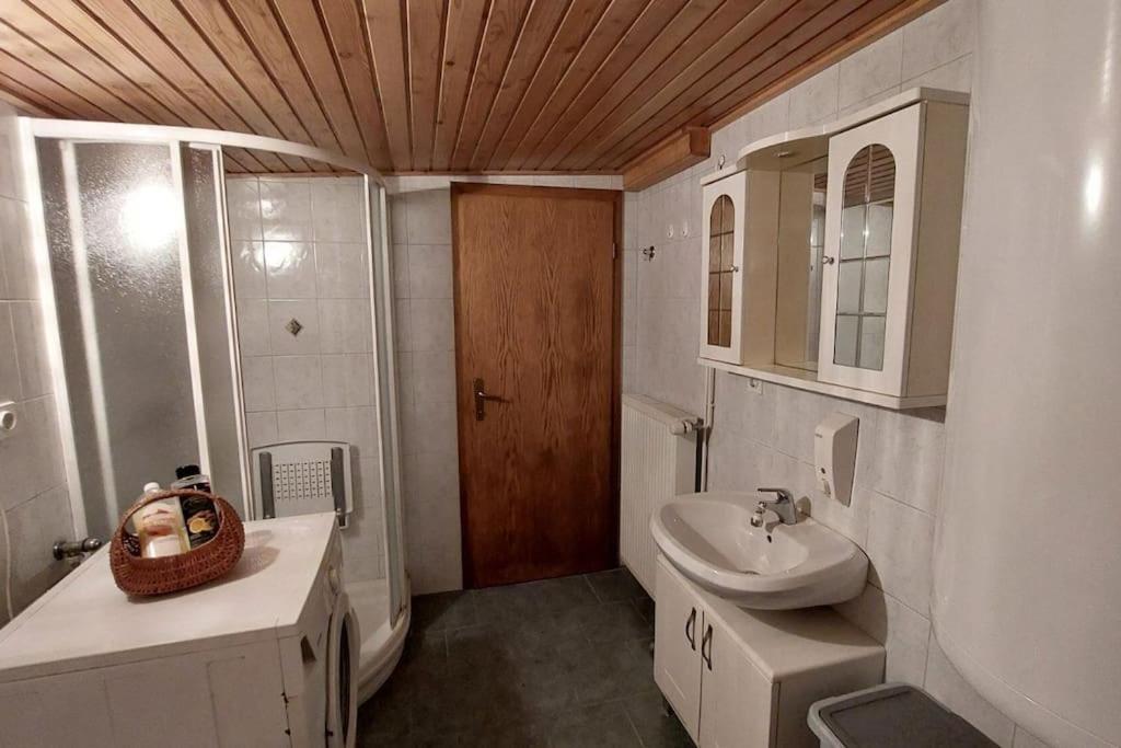 ŽeleznikiMiklavževa hiša with a bread oven的一间带水槽、卫生间和镜子的浴室
