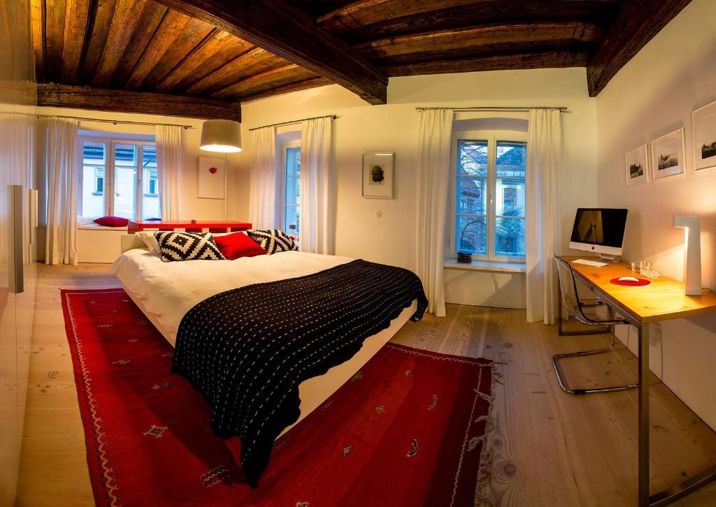 卢布尔雅那芬识斯卡公寓的一间卧室配有一张红色地毯的大床