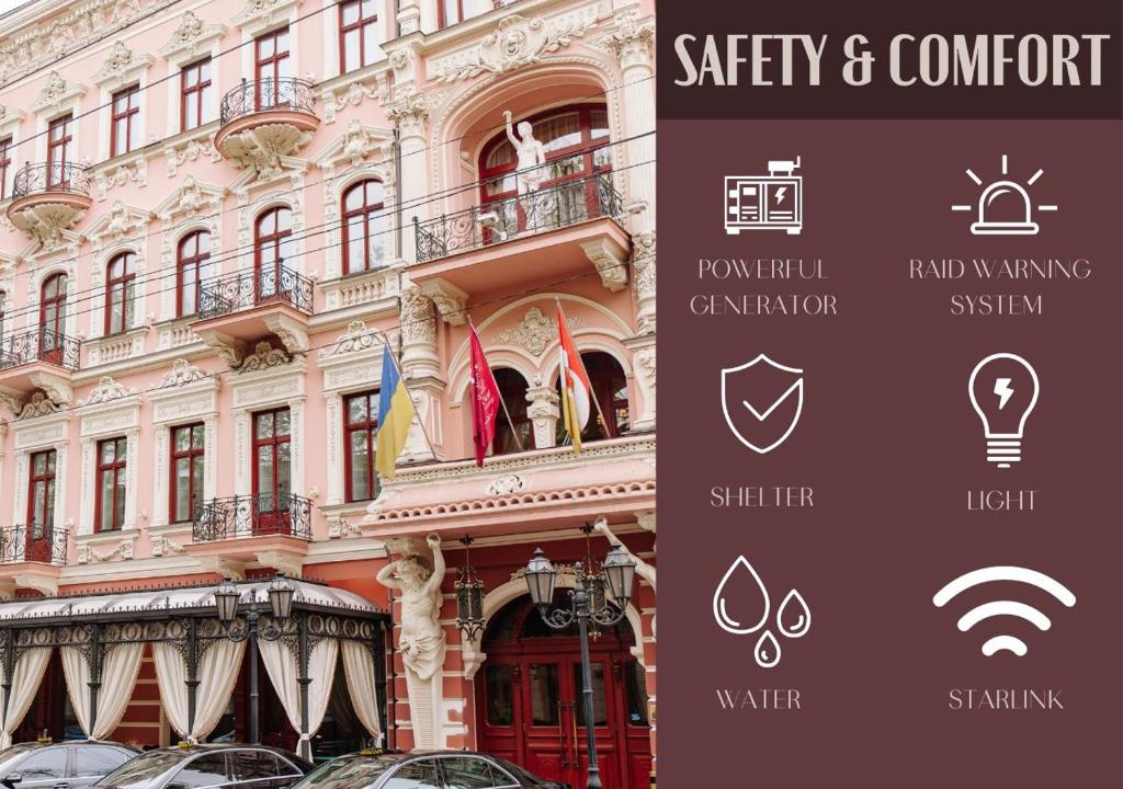 敖德萨布里斯托尔酒店的带有安全舒适的标志的建筑