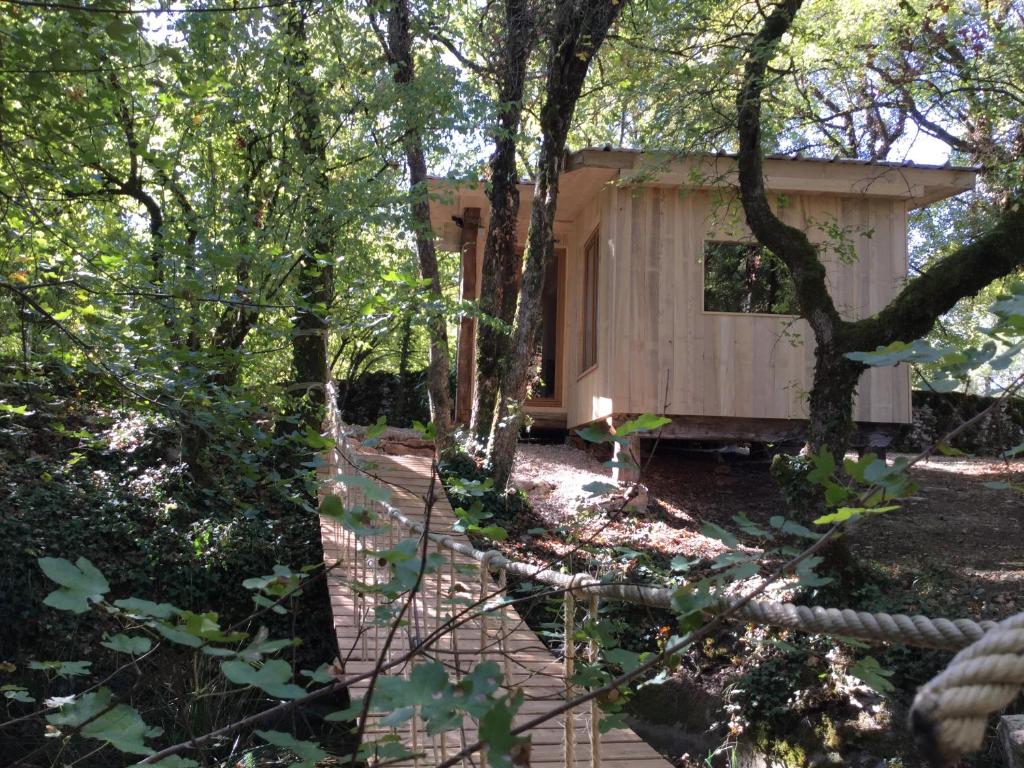 Livernoncabane lodge avec spa privatif的树林中的小屋,有一条通往小屋的路径