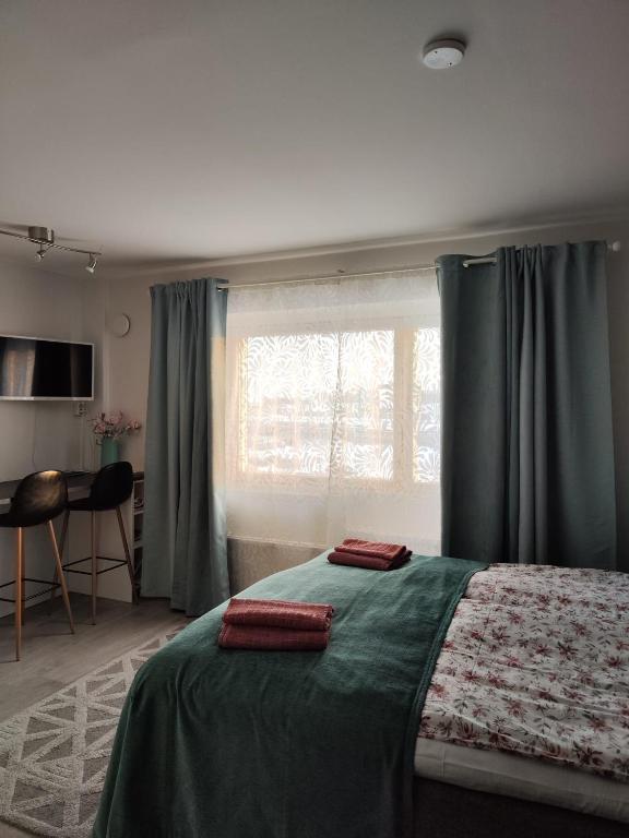 瓦尔考斯57 Kauppakatu的一间卧室配有一张带两个红色枕头的床