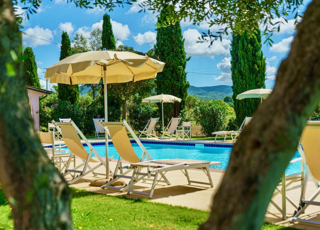 圣温琴佐Appartamenti in Residence Villa Santa Maria的一组椅子和遮阳伞,位于游泳池旁