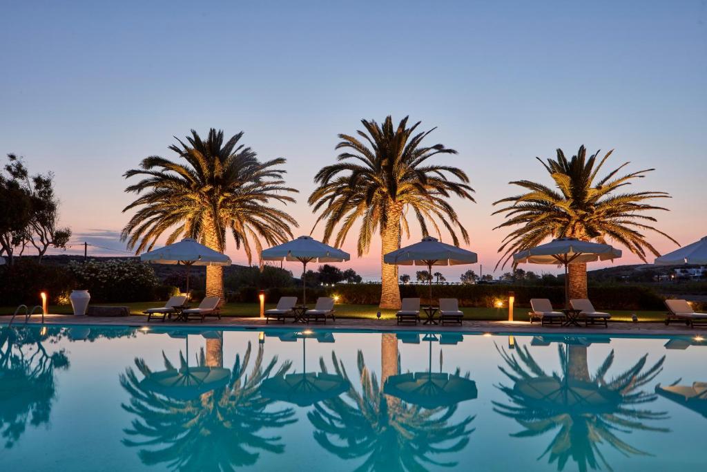 帕拉斯波罗斯伊莉亚岛精品酒店及水疗中心 的一个带椅子和遮阳伞的游泳池以及棕榈树