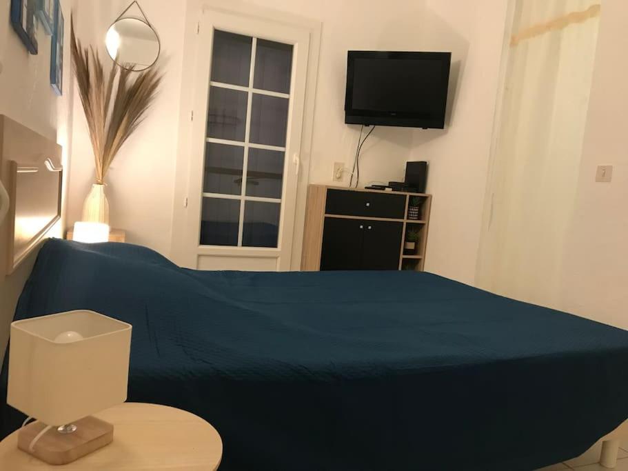 圣马克西姆La Petite Mer’veille的一间卧室配有蓝色的床和电视