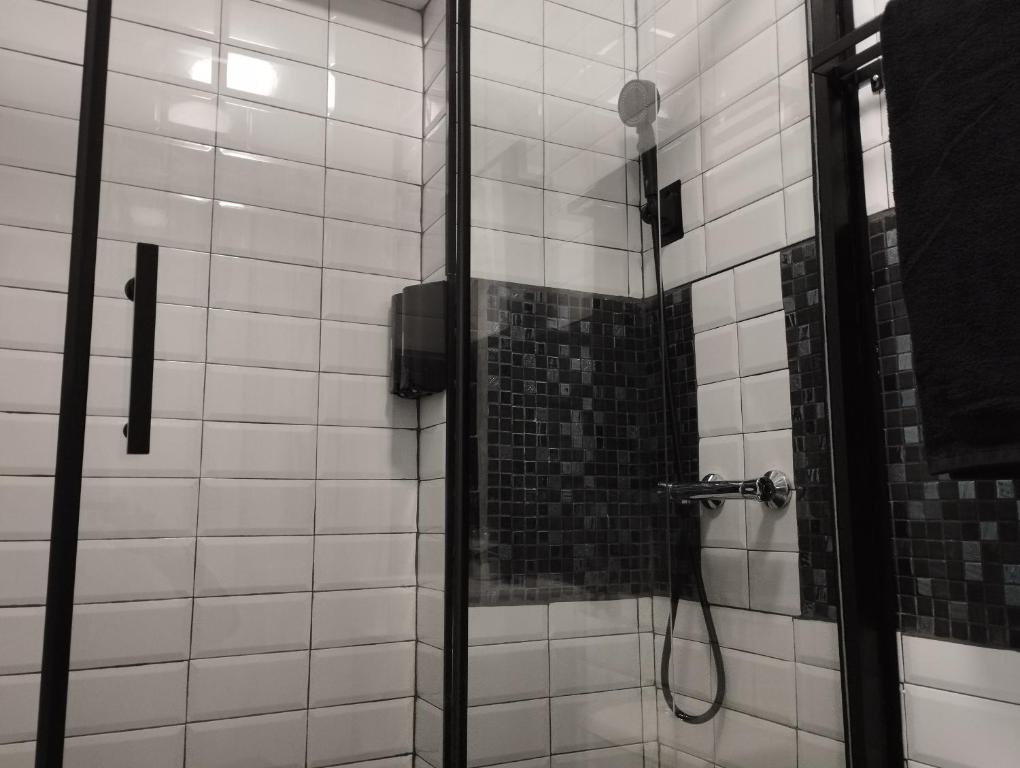 巴塞罗那Vilapicina Hostal的白色瓷砖浴室内带软管的淋浴