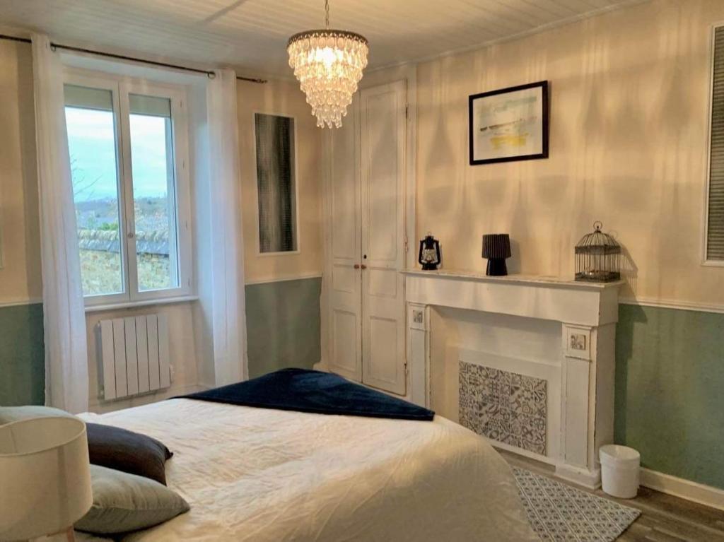 沙托兰The LightHouse Chambres à louer的一间卧室配有一张带壁炉和吊灯的床。