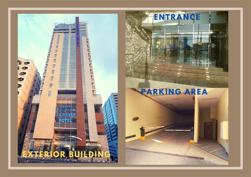 沙迦AL HAYAT HOTEL的两幅建筑和停车区的照片