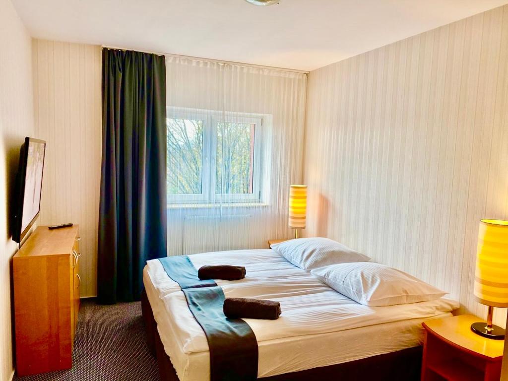 斯武普斯克Słupsk forest PREMIUM HOTEL BUSINESS APARTAMENT M7 - Kaszubska street 18 - Wifi Netflix Smart TV50 - two bedrooms two extra large double beds - up to 6 people full - pleasure quality stay的一间卧室设有一张大床和一个窗户。