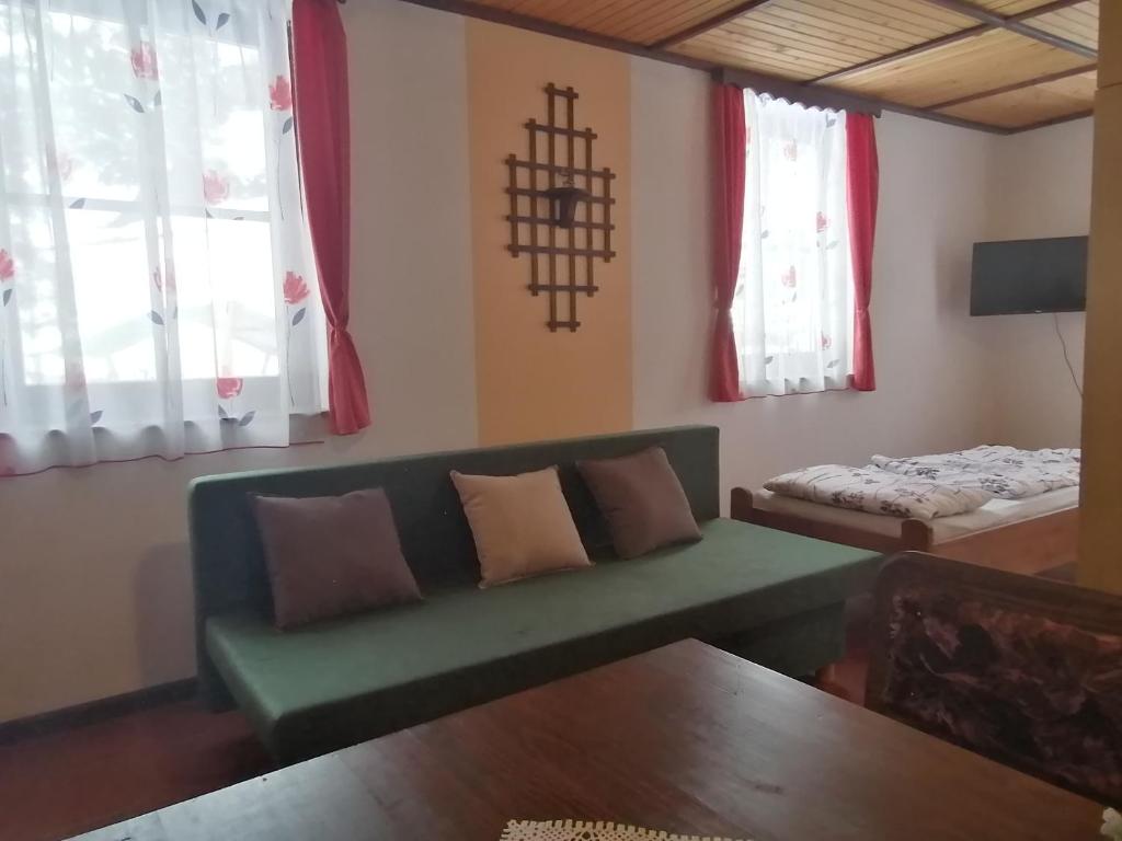 Selnica ob DraviApartma的客厅配有绿色沙发和床。