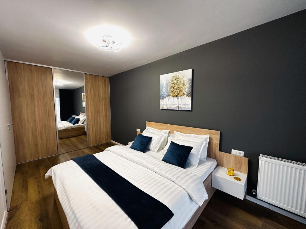 克卢日-纳波卡AD Apartments的一间卧室配有一张带蓝色枕头的大床