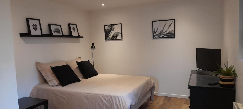 鲁昂Studio avec jardin et stationnement gratuit à Rouen的一间卧室配有一张床,墙上挂着一些图片