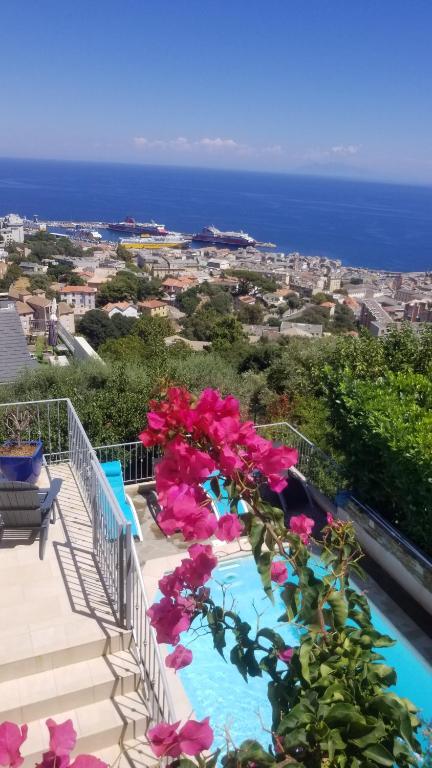 巴斯蒂亚Villa Patrizia的阳台享有海景,拥有粉红色的鲜花