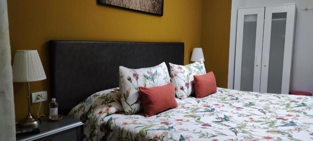拉拉古纳Finca Rural La Casa Verde Shalom Tenerife的一间卧室配有红色枕头的床