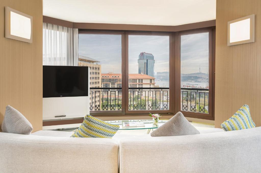 伊斯坦布尔柏银特塔克西姆酒店的带沙发和大窗户的客厅