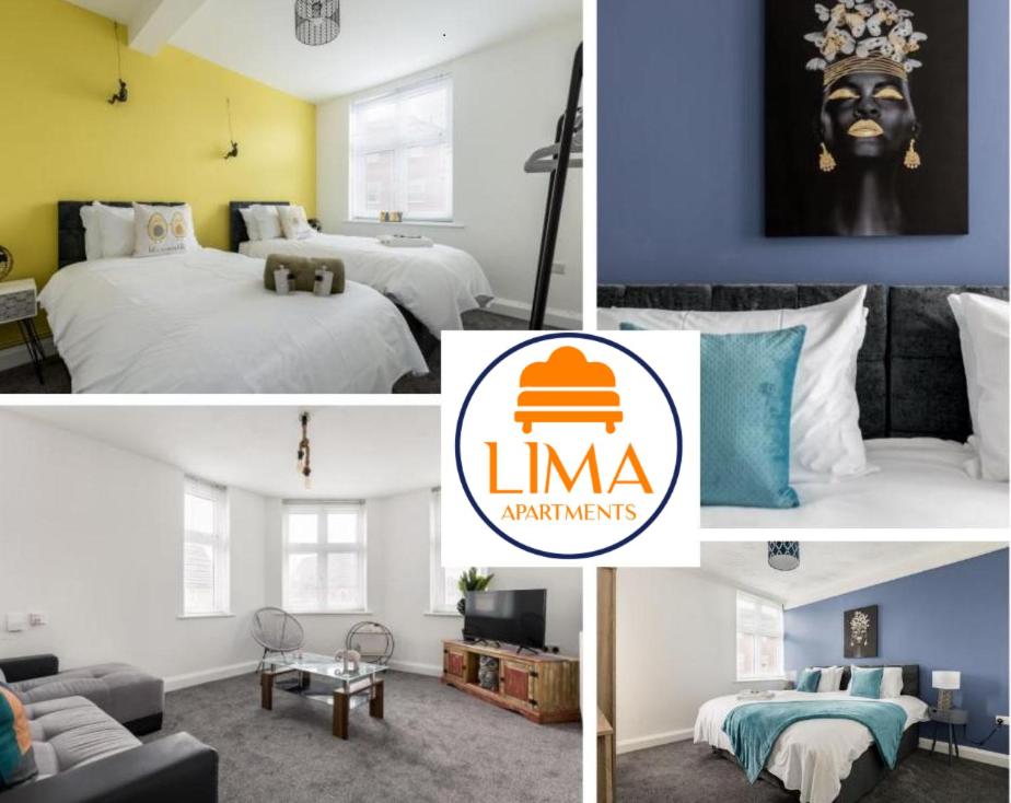 伯恩茅斯Lima Apartments Ltd-4 Beds-Large property -Long Stay Deal-Business-Parking的一张酒店房间四张照片的拼贴图