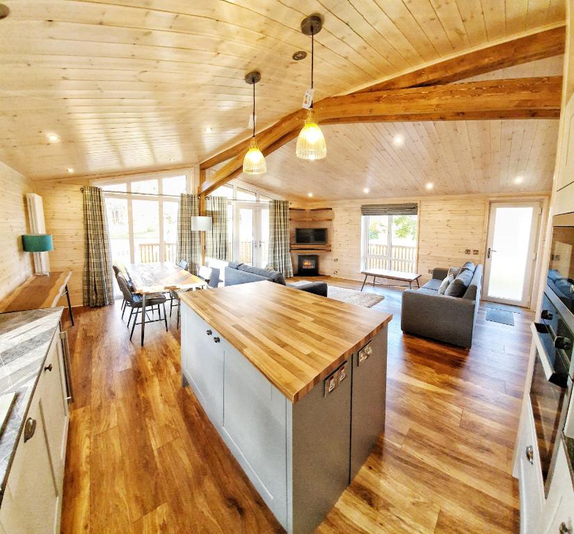 巴洛赫Skyline Lodge Loch Lomond Castle Lodges的厨房和带木制天花板的客厅