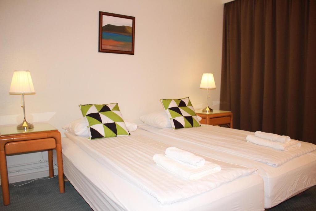 华姆斯唐吉North Star Staðarflöt的一间卧室配有一张带2个床头柜和2盏灯的床。