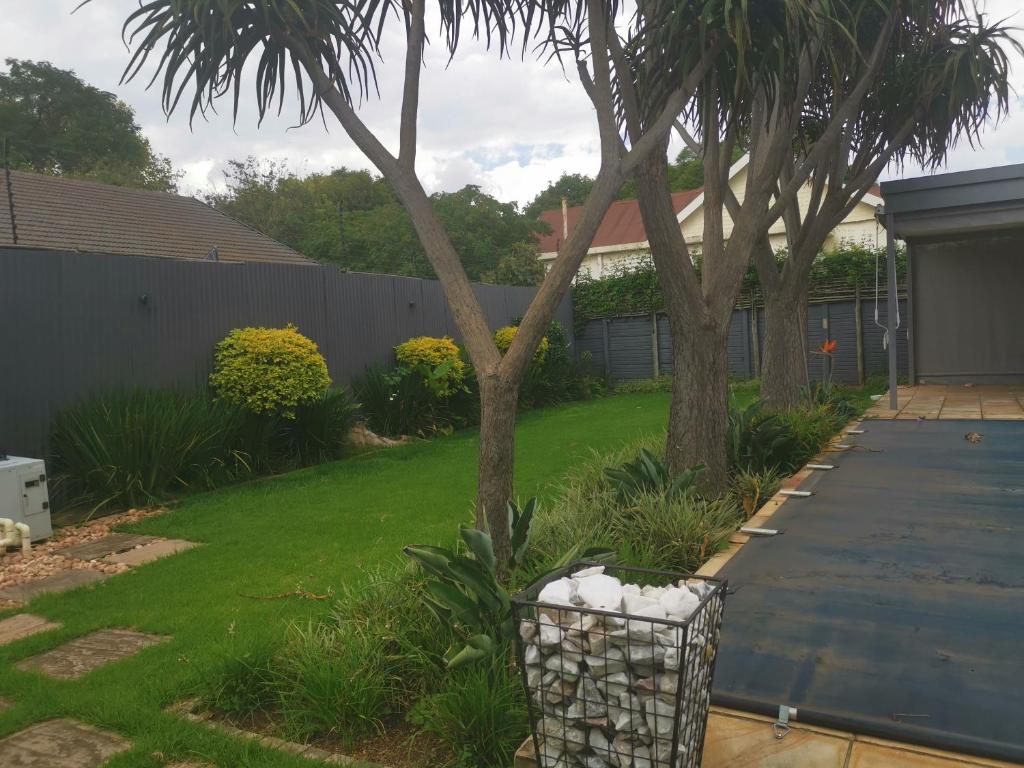 约翰内斯堡Falklands Guest House的一个带棕榈树和围栏的院子