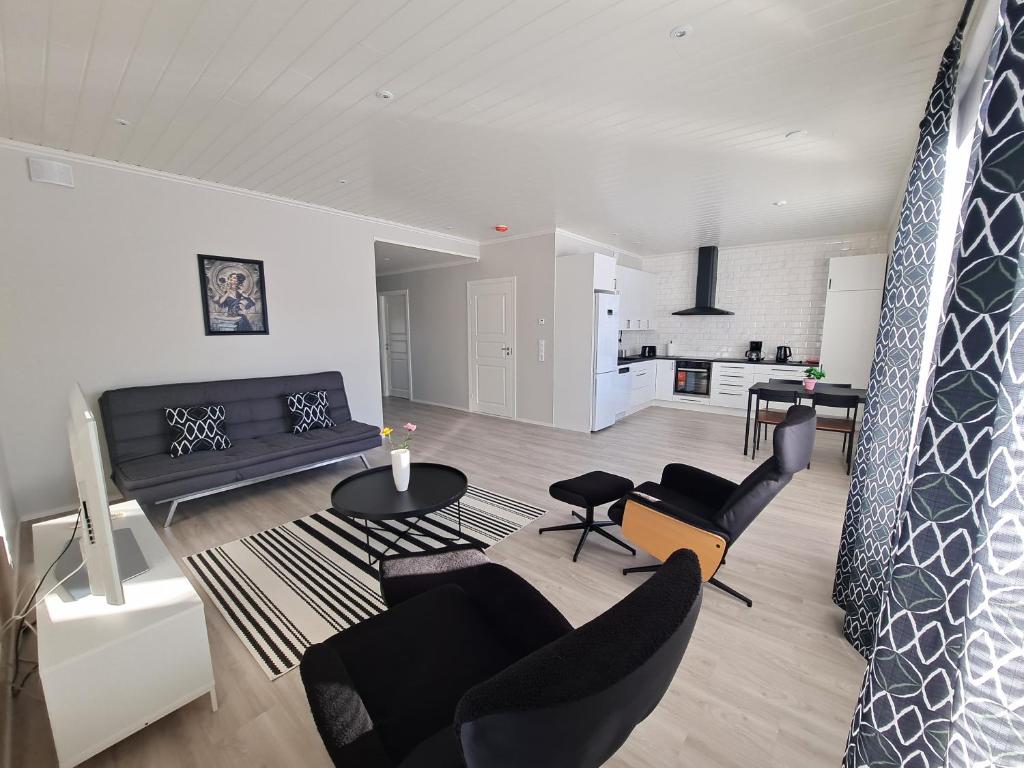 NärpiöALEX - bright, stylish apartment with sauna, built in 2023的一间带黑色家具的客厅和一间厨房