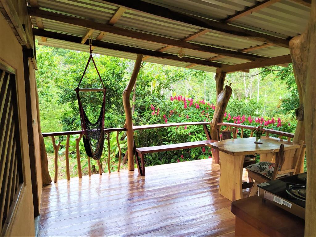 蓬塔乌巴Terra NaturaMa - off grid living in the jungle的木甲板上配有吊床的门廊