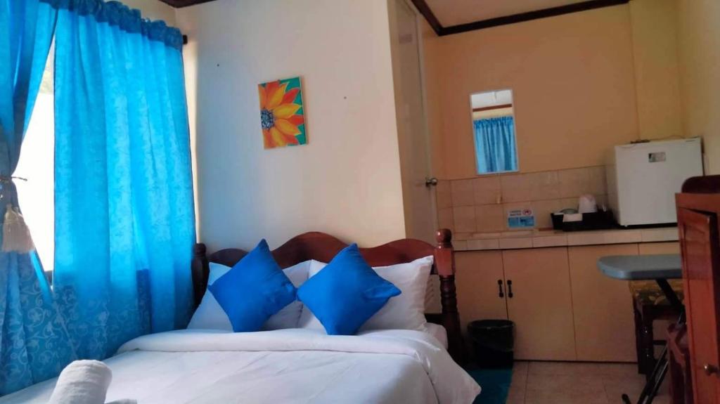 长滩岛CORALYN'S PLACE standard room的一间卧室配有2张蓝色窗帘