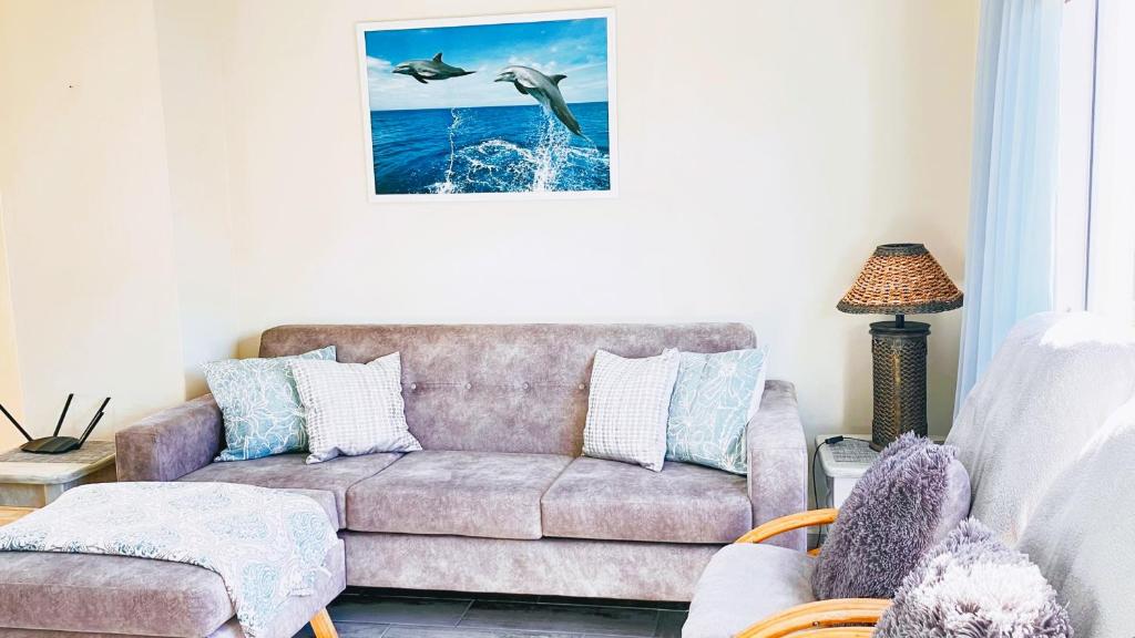 贝蒂湾Silverdunes - Seaview的客厅配有沙发和两只鸟