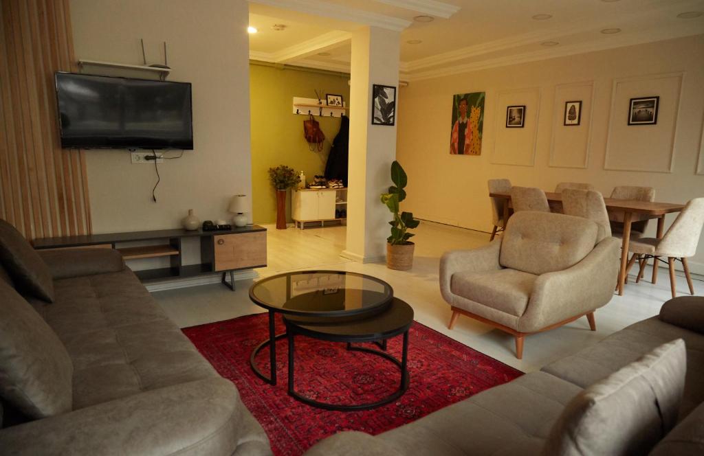 伊斯坦布尔Sisli Centre Lux的客厅配有沙发、椅子和桌子