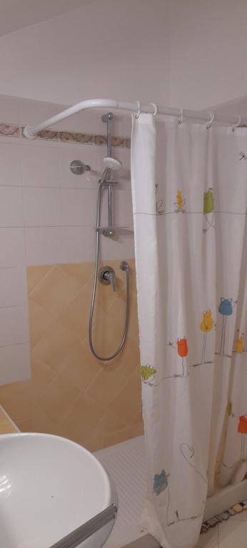 卡普里Villetta Rosetta的一间带卫生间和淋浴帘的浴室