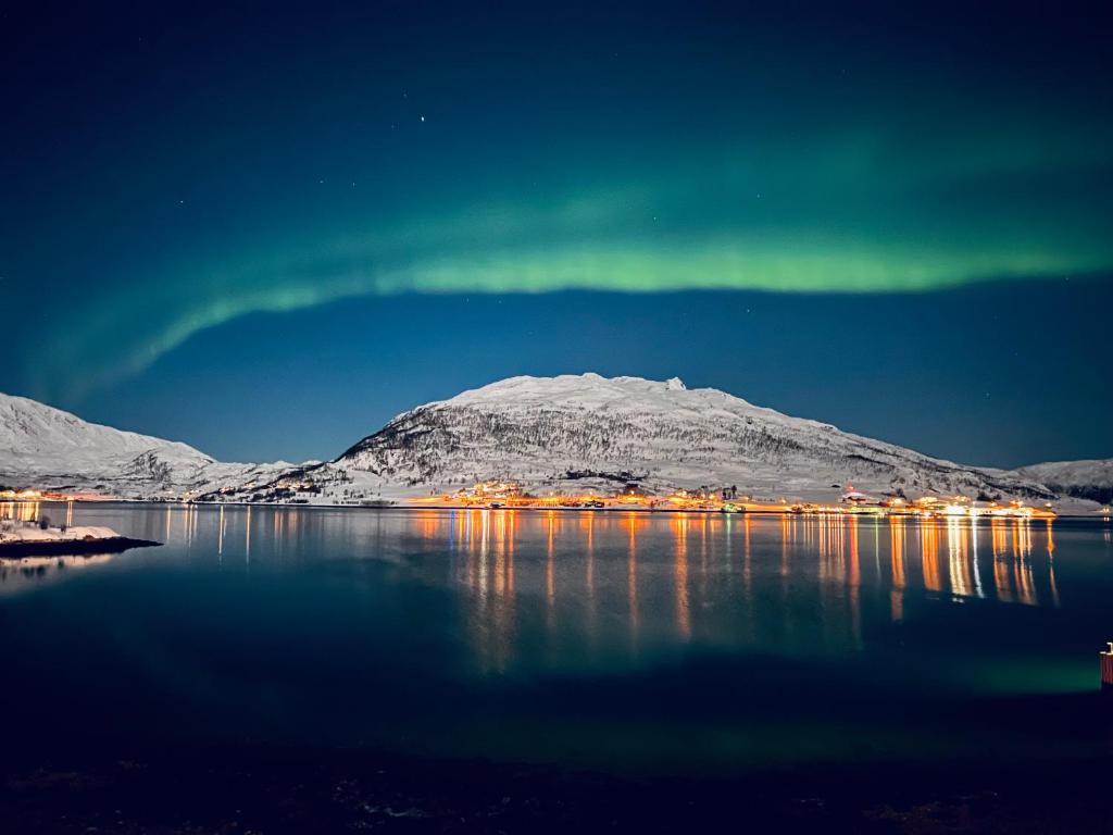 特罗姆瑟Kvaløya apartment by the sea的北极光在水体上的图像