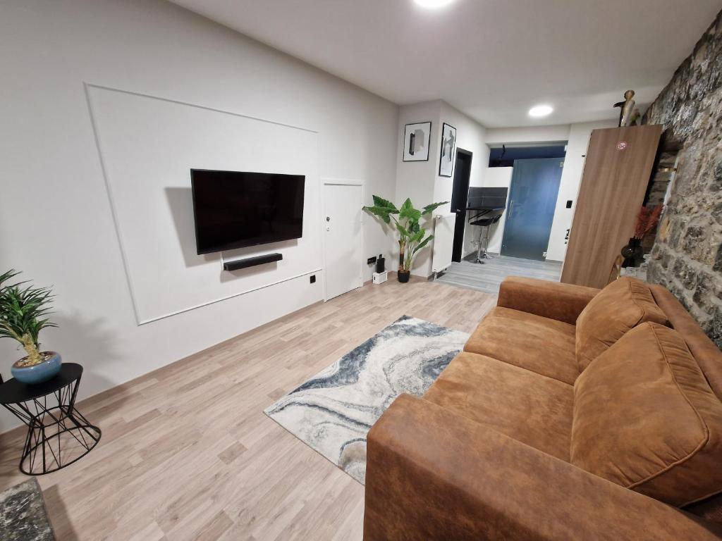 马尔什昂法梅讷Gîte Genius Loci的客厅配有棕色沙发和平面电视