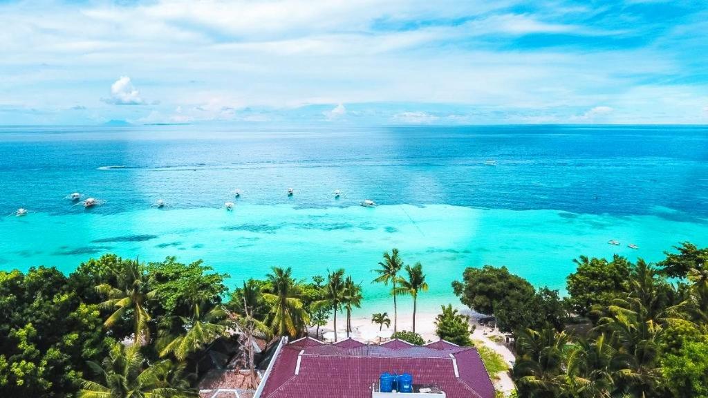 邦劳Villa Umi Panglao Resort的和水中的人一起欣赏海滩的空中景色