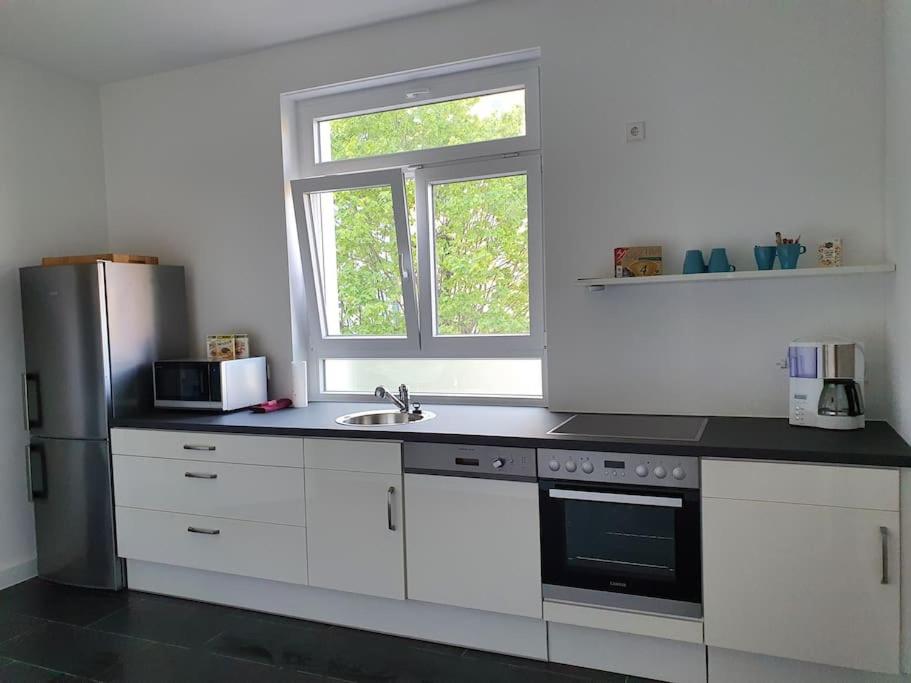 卡尔斯鲁厄EG Weststadt Karlsruhe 4 Zimmer的厨房配有白色橱柜、水槽和窗户。