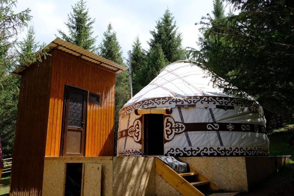 DzhetyoguzYurty Mc yurt的一座大型圆顶房屋,设有通往该房屋的楼梯