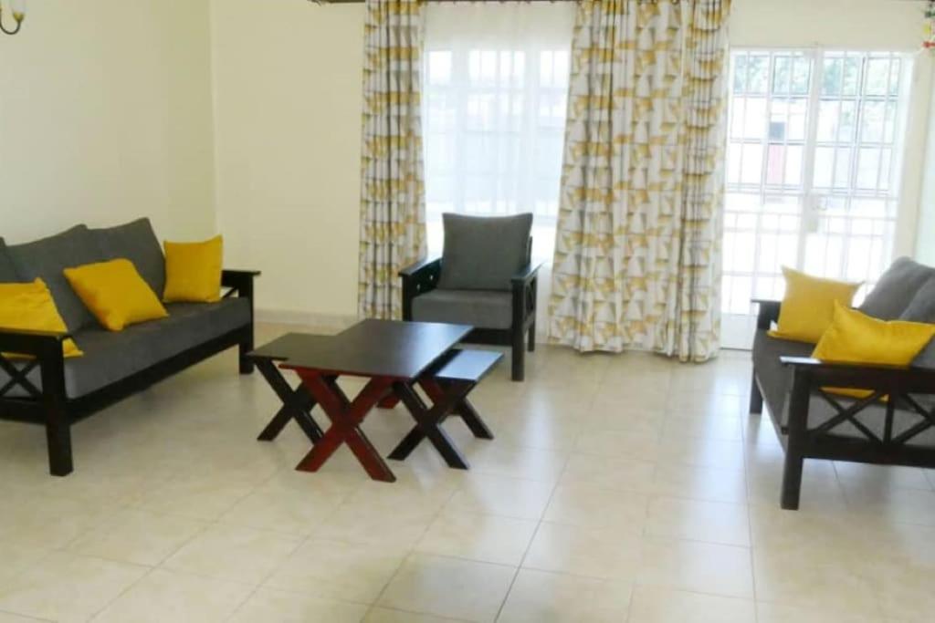GuluLarry's Place - Gulu , Uganda的带沙发、桌子和黄色枕头的客厅
