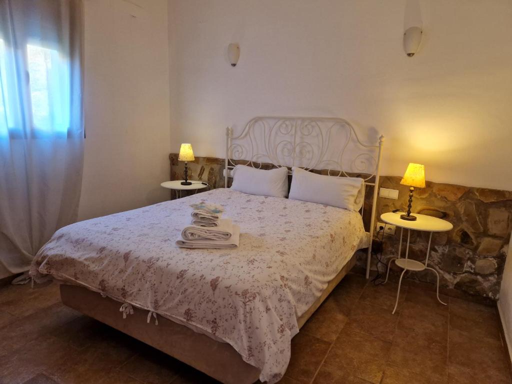 阿拉色那Casa Rural La Era 3 - Adults Only的一间卧室配有一张带两张桌子和两盏灯的床。