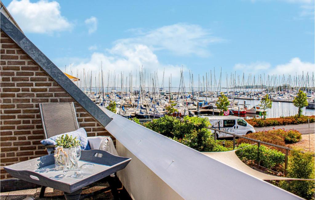 布勒伊尼瑟Amazing Apartment In Bruinisse With Wifi的阳台配有桌子,享有码头的景致。