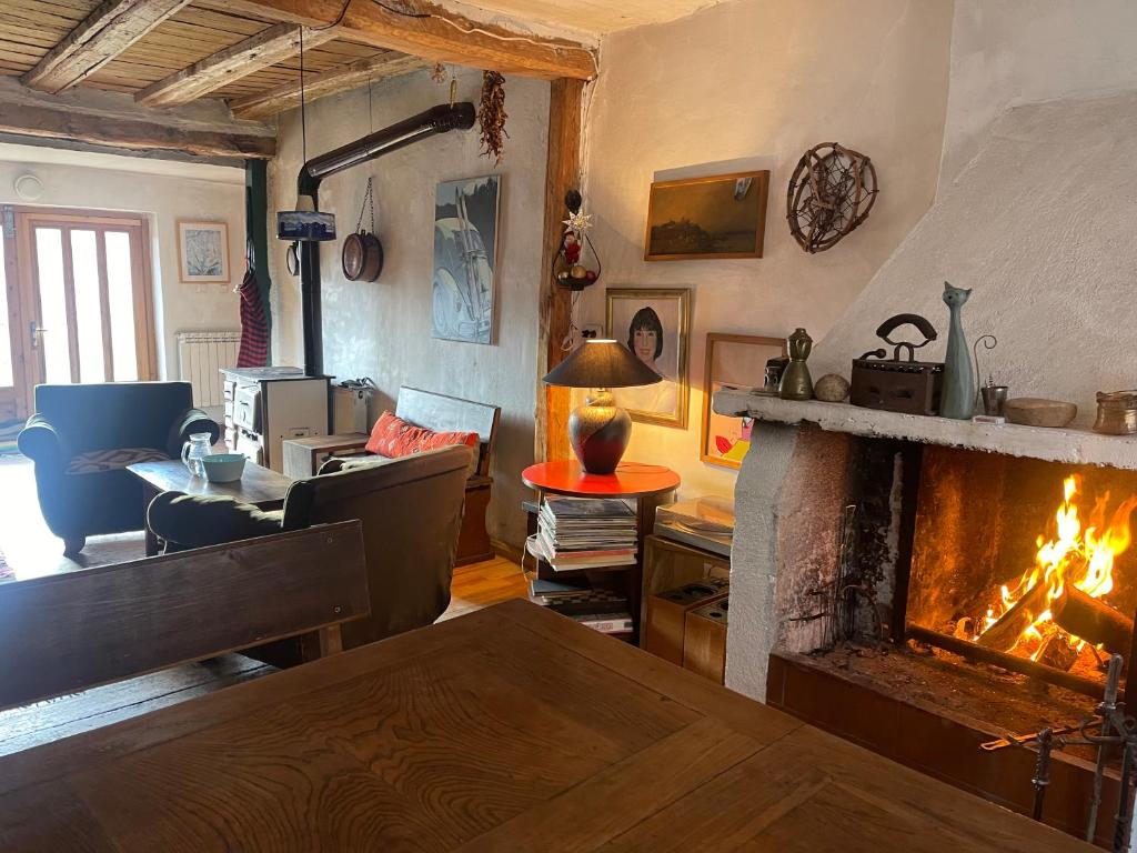 本赫沃Das Landhaus的客厅设有壁炉、桌子和沙发