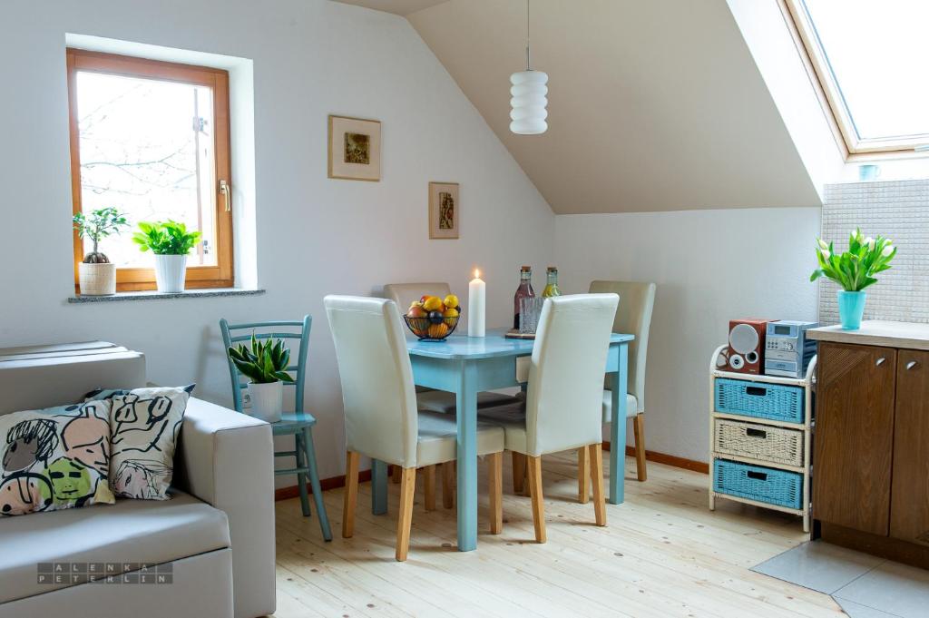新梅斯托Vineyard Cottage Klemencic的一间配备有蓝色桌子和椅子的用餐室