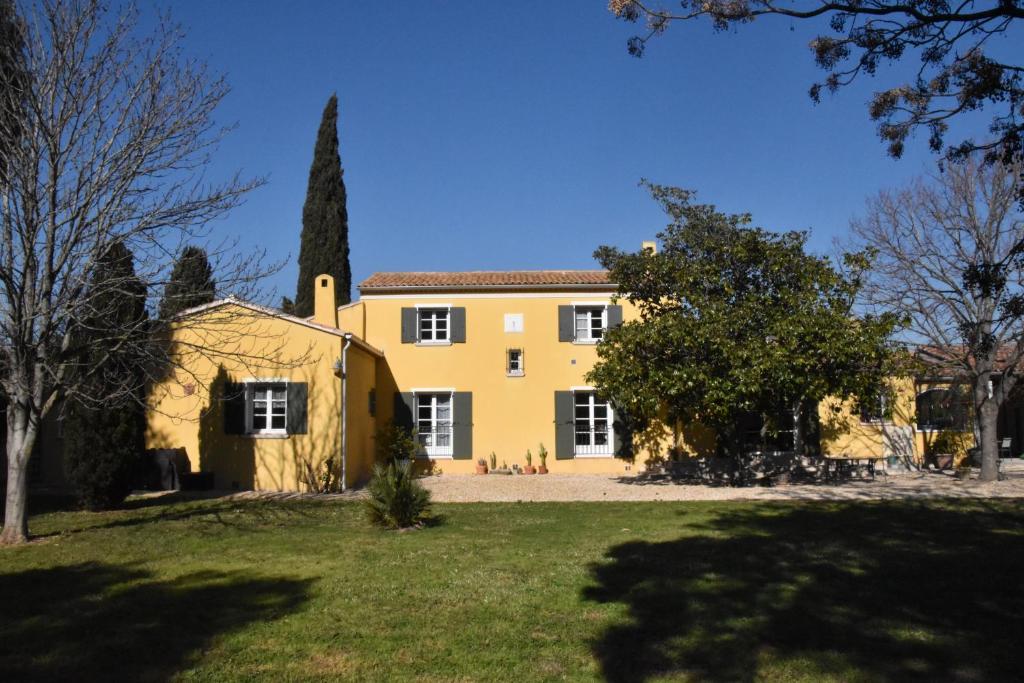 耶尔Lumineux deux pièces en rez de jardin的前面有一棵树的大型黄色房子
