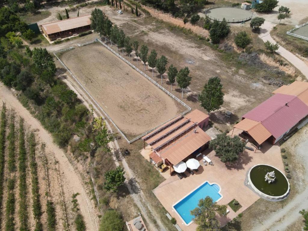 VilarrodonaRocaplana Club de Campo的享有带游泳池的房屋的空中景致