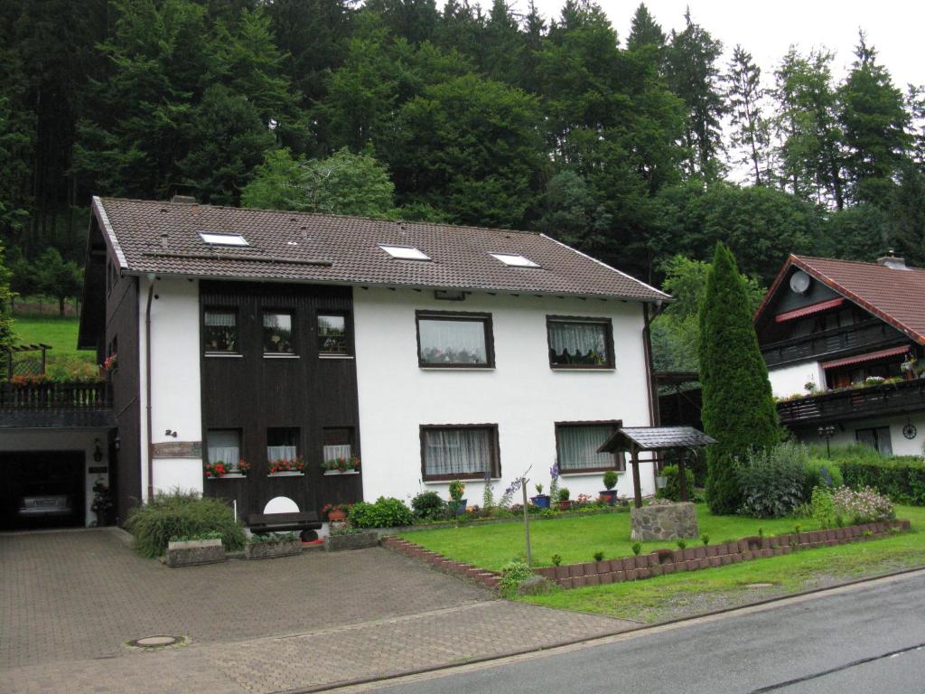 KamschlackenFerienwohnung Gohlke的黑色屋顶的白色房子