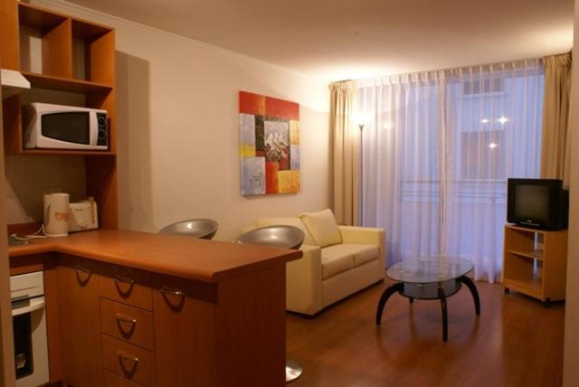 圣地亚哥阿古斯蒂纳斯广场公寓酒店的带沙发和微波炉的客厅
